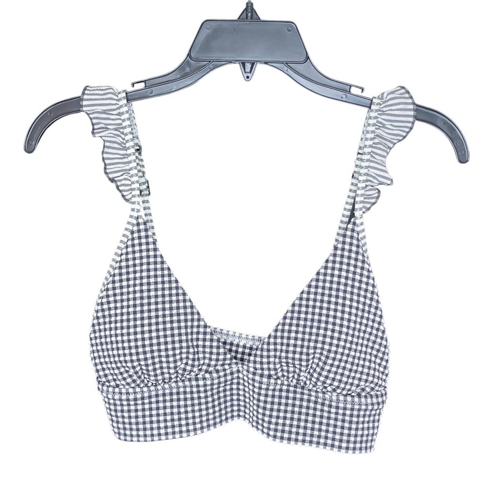 Aerie Small S Black Gray White Gingham Check Ruffle Seersucker Bikini Swim Top